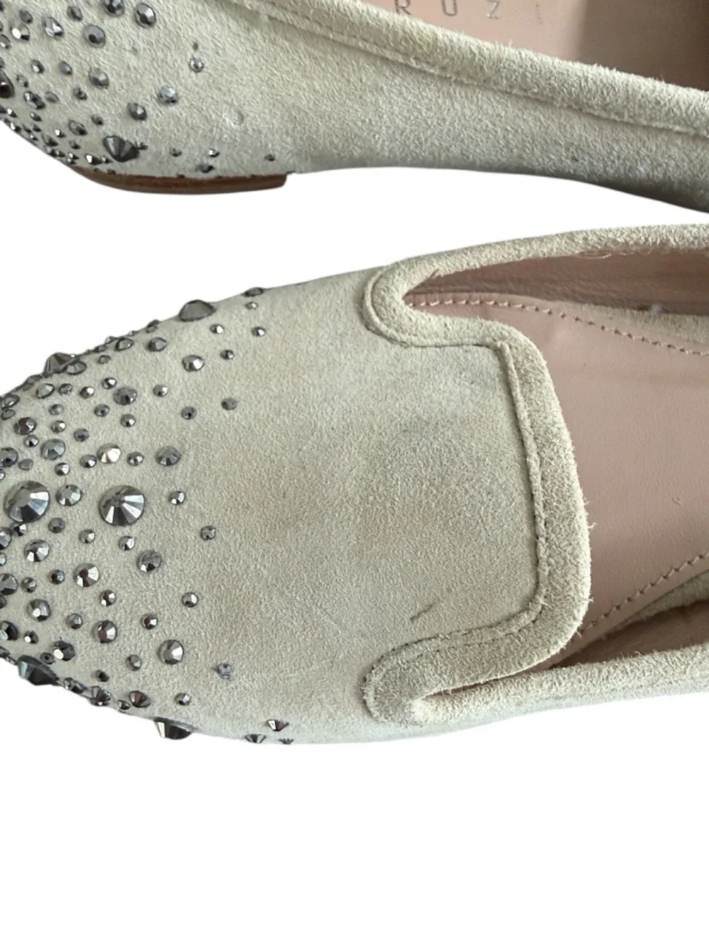 Lola Cruz Suede Crystal Embellished Smoking Flats Beige Size EU 38 US 7–7.5